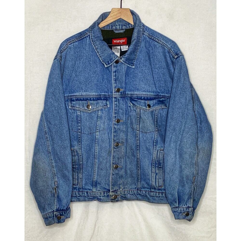 Wrangler Hero Blue Denim Trucker Jacket Coat Striped Blanket Lining Size 2XL